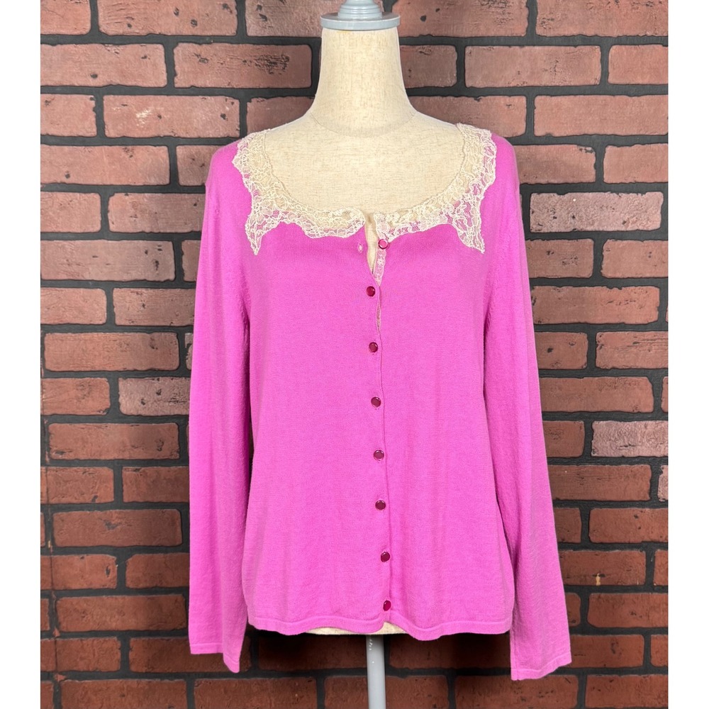 Oscar De La Renta Pink Cardigan Sweater Lace Fairycore Coquette Womens L Vintage